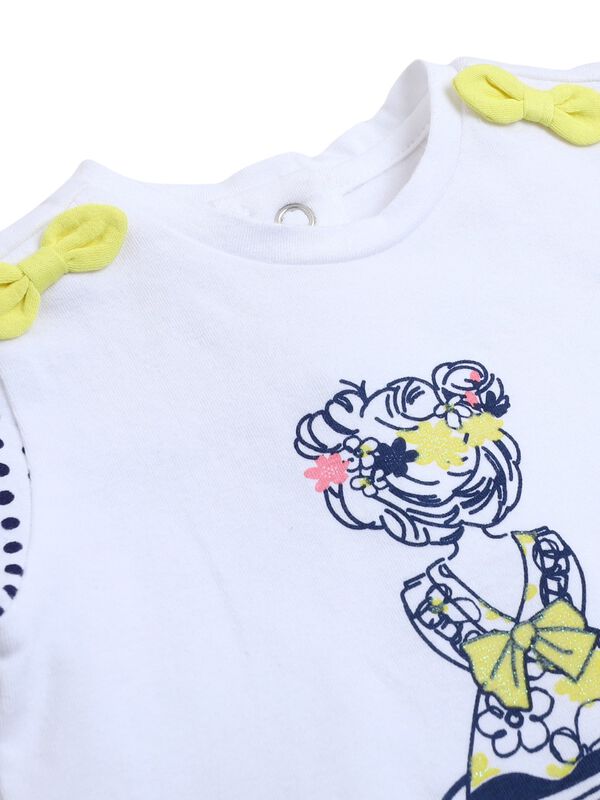 Girls White & Yellow Printed T-Shirt with Short Pants image number 4